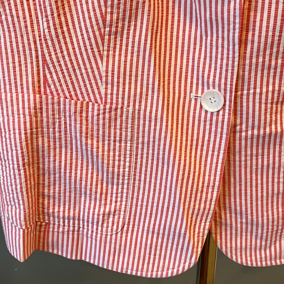 🥑 Talbots Sunshine Seersucker Blazer Orange White | 14 Petite | 100% Cotton - Picture 3 of 12